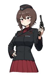 Rule 34 | 1girl, breasts, brown eyes, brown hair, buttons, cocktiel77, cropped legs, double-breasted, garrison cap, girls und panzer, gun, hand on own hip, hat, holding, holding gun, holding weapon, kuromorimine military uniform, large breasts, looking at viewer, nishizumi maho, pleated skirt, red skirt, short hair, simple background, skirt, solo, weapon, white background