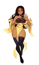1girl black_hair black_thighhighs breasts commentary commission dark-skinned_female dark_skin english_commentary facial_mark forehead_mark full_body highres long_hair looking_at_viewer matilda_fiship original pelvic_curtain purple_eyes second-party_source simple_background smile solo thighhighs thighs white_background wide_hips