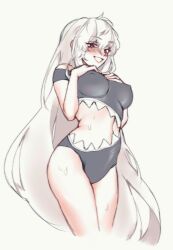 1girl arknights blush breasts commentary covered_erect_nipples cowboy_shot cropped_legs grey_one-piece_swimsuit grin hair_between_eyes hands_on_own_chest highres impossible_clothes large_breasts long_hair looking_at_viewer navel one-piece_swimsuit orz_(kagewaka) simple_background smile solo specter_(arknights) standing stomach sweat swimsuit very_long_hair white_background