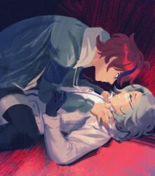 2boys ahoge aotsuki_eito black_gloves blue_hair glasses gloves kneeling long_sleeves looking_down looking_up lying male_focus multicolored_hair multiple_boys on_back parted_hair red_hair sumino_takumi the_hundred_line_-last_defense_academy- white_hair yaoi
