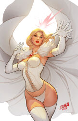 1girl blonde_hair blue_eyes breasts cape corset david_nakayama elbow_gloves emma_frost gloves highres initial marvel medium_breasts panties red_lips short_hair solo thighhighs underwear white_cape white_corset white_gloves white_panties white_thighhighs x-men