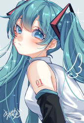 Rule 34 | 1girl, absurdres, aqua eyes, aqua hair, blush, breasts, closed mouth, detached sleeves, hair between eyes, hair ornament, hatsune miku, highres, long hair, long sleeves, looking at viewer, mai mugi, medium breasts, number tattoo, shirt, simple background, sleeveless, sleeveless shirt, solo, tattoo, twintails, upper body, very long hair, vocaloid, white shirt