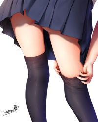1girl adjusting_clothes adjusting_legwear black_thighhighs blue_skirt female_focus from_behind highres lower_body original pleated_skirt signature simple_background skindentation skirt solo thighhighs thighs white_background wsman