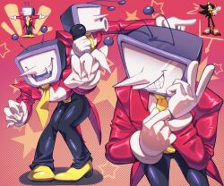 Rule 34 | 1boy, absurdres, ant tenna, black pants, claws, closed mouth, commentary, crt, deltarune, english commentary, fangs, gloves, gradient background, grin, highres, holding, holding microphone, long sleeves, male focus, microphone, mitsy, multiple views, necktie, object head, open mouth, orange background, pants, pointing, pointy nose, polka dot, polka dot background, pose imitation, red background, shadow the hedgehog, shoes, smile, sonic (series), star (symbol), t-pose, tailcoat, white gloves, yellow necktie, yellow shoes