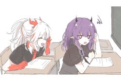 Rule 34 | 2girls, :d, ^ ^, alternate costume, arknights, black horns, black shirt, bright pupils, chinese commentary, closed eyes, colored extremities, commentary request, desk, dragon girl, dragon horns, earrings, highres, holding, horns, jewelry, lava (arknights), medium hair, multiple girls, necktie, nian (arknights), oekaki, open mouth, orange hair, orange necktie, paper, pointy ears, purple eyes, school desk, shang ge promax, shirt, short sleeves, sitting, smile, squiggle, table, white hair, white pupils