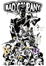 1boy 6+others absurdres bad_company_(stand) braid character_name combat_helmet diamond_wa_kudakenai english_text flattop gakuran graffiti gun helmet highres holding holding_gun holding_weapon jojo_no_kimyou_na_bouken kurobameiyos limited_palette m1_helmet male_focus military_uniform multiple_others nijimura_keicho pointing pointing_at_viewer school_uniform single_braid skull stand_(jojo) weapon