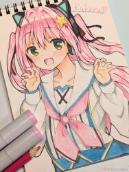 Rule 34 | 1girl, :d, animal ear headphones, animal ears, art tools in frame, black ribbon, blush, cat ear headphones, character name, claw pose, commentary, dutch angle, erika akai, fake animal ears, green eyes, hair intakes, hair ribbon, hands up, headphones, heart, highres, long hair, long sleeves, looking at viewer, neckerchief, open mouth, photo (medium), pink hair, pink neckerchief, ribbon, sailor collar, school uniform, select oblige, serafuku, shirt, skirt, smile, solo, suspender skirt, suspenders, traditional media, twitter username, two side up, upper body, very long hair, white sailor collar, white shirt, yato kukuru