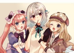 3girls :o ;d arm_hug black_flower black_gloves black_rose black_shirt blue_bow blue_eyes blue_hair bolo_tie border bow brown-framed_eyewear brown_background brown_capelet brown_eyes brown_hair brown_hat capelet character_request collared_shirt commentary_request deerstalker dress flower frilled_hairband frills glasses gloves gradient_hair grey_hair hairband half_gloves harapeko_shoujo_to_tantei_to haruno_rikka hat highres long_hair looking_at_viewer multicolored_hair multiple_girls one_eye_closed open_mouth pink_hair plaid_hat puffy_short_sleeves puffy_sleeves purple_bow purple_dress red_eyes rino_cnc rose round_eyewear shirt short_sleeves smile sweater_vest twintails twitter_username v-shaped_eyebrows very_long_hair white_border white_hairband