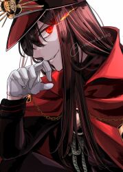 1girl black_hair cape cibamatoxins commentary_request evil_smile fate/grand_order fate_(series) flaming_eye gloves hat highres long_hair military_hat oda_nobunaga_(fate) oda_nobunaga_(koha-ace) red_cape red_eyes smile solo twitter_username upper_body white_gloves
