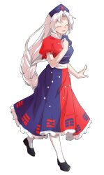 1girl ^_^ arm_at_side black_shoes blue_dress blue_hat braid breasts closed_eyes collared_dress commentary_request constellation_print cross cross_print curtained_hair dairi dress flats frilled_sleeves frills full_body hand_up hat highres large_breasts large_variant_set light_blush long_hair looking_at_viewer multicolored_dress nervous_smile nurse_cap open_mouth pantyhose print_dress puffy_short_sleeves puffy_sleeves raised_inner_eyebrows red_cross red_dress scratches shoes short_sleeves sidelocks simple_background single_braid smile solo tachi-e touhou transparent_background variant_set very_long_hair walking white_hair white_pantyhose white_petticoat yagokoro_eirin