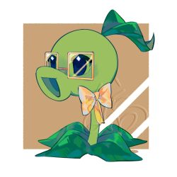 Rule 34 | :d, blue eyes, border, bow, bowtie, brown background, commentary, commission, diamond (shape), diamond in eye, english commentary, glasses, highres, leaf, looking ahead, no humans, no sclera, open mouth, outside border, peashooter (plants vs. zombies), plant, plant focus, plants vs. zombies, rectangular eyewear, reoghostreo, simple background, smile, solo, watermark, white border, yellow-framed eyewear, yellow bow, yellow bowtie