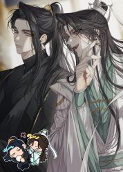 &gt;_&lt; 2boys absurdres black_boots black_hair black_hanfu black_pants black_undershirt boots breasts brown_hair chibi chibi_inset chinese_clothes clothes_grab earrings facial_mark food forehead_mark furrowed_brow gold_earrings green_eyes green_sash hanfu high_ponytail highres holding holding_food jewelry korean_commentary long_hair long_sleeves looking_at_another lying madengx male_focus ming_yi multiple_boys on_side pants ponytail puff_of_air ribbon ribboned_xiao_guan sash shi_qingxuan shoes steamed_bun tianguan_cifu topknot white_hanfu white_ribbon white_shoes wide_sleeves xiao_guan_(headdress) yellow_eyes