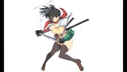 1girl absurdres asuka_(senran_kagura) black_hair breasts brown_eyes brown_shoes brown_vest covered_erect_nipples dual_wielding green_skirt grey_thighhighs hair_ribbon highres holding holding_sword holding_weapon large_breasts non-web_source official_art pillarboxed ponytail red_scarf ribbon scarf senran_kagura senran_kagura_burst_re:newal shirt shoes skindentation skirt solo sword thick_thighs thighhighs thighs vest weapon white_background white_ribbon white_shirt yaegashi_nan