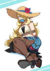 1girl arms_behind_back blonde_hair bound breasts cynthia_(pokemon) cynthia_(summer_2025)_(pokemon) gagged legs long_hair lost_one_zero nintendo pokemon pokemon_masters_ex sarong