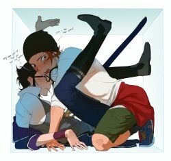 2boys absurdres black-framed_eyewear black_hair blush box closed_eyes from_side fushimi_saruhiko glasses green_shorts highres in_box in_container k-project looking_at_another male_focus multiple_boys open_mouth short_hair shorts sweat teeth thighs trapped treslech3s upper_teeth_only weapon yata_misaki