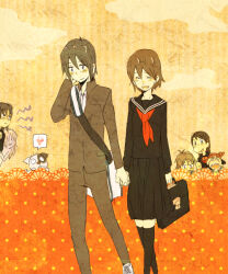 2boys 5girls amasawa_yuuko bag black_jacket black_pants black_sailor_collar black_shirt black_skirt black_socks blush brown_hair character_request closed_eyes cloud dennou_coil densuke_(dennou_coil) dog eyewear_on_head feet_out_of_frame gakuran harakawa_tamako heart holding holding_bag holding_hands jacket multiple_boys multiple_girls neckerchief okonogi_kyouko okonogi_yuuko open_mouth orange_sky pants pleated_skirt red_neckerchief sailor_collar sawaguchi_daichi school_uniform shirt skirt sky smile socks spoken_heart yon8