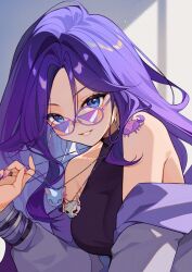 1girl black_shirt blue_eyes breasts cleavage commission crab earrings highres hoop_earrings hyanna-natsu indie_virtual_youtuber jewelry long_hair long_sleeves mamavale necklace parted_lips purple_hair purple_nails round_eyewear second-party_source see-through_cleavage see-through_clothes shirt sleeveless sleeveless_shirt solo upper_body virtual_youtuber