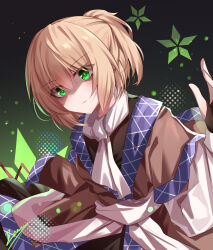Rule 34 | 1girl, absurdres, black shirt, black skirt, blonde hair, brown shirt, closed mouth, commentary request, expressionless, green background, green eyes, half updo, hand up, highres, layered sleeves, long sleeves, looking at viewer, mizuhashi parsee, pointy ears, ponytail, sash, scarf, shaded face, shirt, short hair, short over long sleeves, short ponytail, short sleeves, skirt, solo, top-exerou, touhou, undershirt, upper body, white sash, white scarf