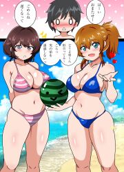 Rule 34 | 1boy, 2girls, ball, beach, beachball, bikini, black hair, blue bikini, blue eyes, blue sky, blush, breasts, brother and sister, brown eyes, brown hair, cloud, commentary request, day, feet out of frame, heart, highres, horizon, kinako mochi (pixiv100419090), large breasts, multiple girls, nose blush, ocean, original, outdoors, pink bikini, ponytail, short hair, siblings, skindentation, sky, striped bikini, striped clothes, swimsuit, translation request, triangle mouth, waving