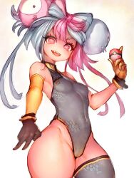1girl asymmetrical_gloves bare_shoulders blush breasts cameltoe foreshortening fumio_(rsqkr) gloves grin highres iono_(pokemon) leotard looking_at_viewer mismatched_gloves nintendo poke_ball poke_ball_(basic) pokemon pokemon_sv redesign sharp_teeth single_thighhigh small_breasts smile solo teeth thighhighs thighs