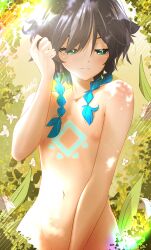 1boy absurdres blush braid closed_mouth completely_nude flower genshin_impact green_eyes green_hair highres male_focus marky_evan navel nipples nude solo standing tagme trap twin_braids venti_(genshin_impact)