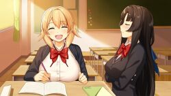 Rule 34 | 2girls, black hair, blonde hair, breast rest, breasts, breasts on table, chalkboard, classroom, closed eyes, closed mouth, commentary, desk, english commentary, hanao akari, indoors, large breasts, light blush, long hair, moe! ninja girls, multiple girls, necktie, official art, open mouth, pen, profile, saion-ji enju, school, school desk, school uniform, second-party source, studying, sunlight, teeth, upper teeth only