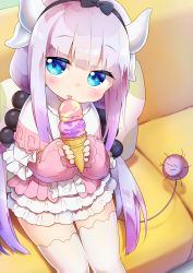 Rule 34 | 10s, 1girl, absurdres, beads, blue eyes, blunt bangs, blush, capelet, dragon girl, dragon horns, dress, female focus, food, hair beads, hair ornament, hairband, highres, horns, ice cream, kanna kamui, kobayashi-san chi no maidragon, light purple hair, long hair, looking at viewer, nipeira, solo, tail, thighhighs, twintails, white thighhighs