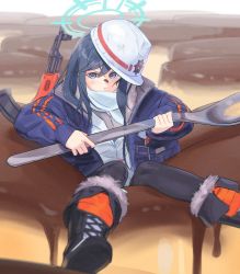 1girl akm assault_rifle black_boots black_legwear blue_archive blue_eyes blue_hair blue_jacket blue_scarf blue_vest boots dark_blue_hair food food_on_face fur-trimmed_boots fur_trim gun halo hard_hat helmet highres holding holding_spoon jacket kalashnikov_rifle kidou_senshi_nama_ino long_hair long_sleeves looking_at_viewer minori_(blue_archive) open_clothes open_jacket pout pudding puffy_sleeves rifle scarf sitting solo spoon stuck swept_bangs vest weapon weapon_on_back white_headwear