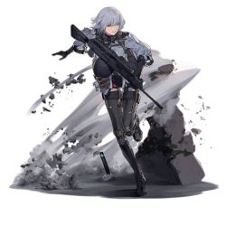 1girl black_gloves drum_magazine duoyuanjun elbow_gloves female_focus full_body girls&#039;_frontline gloves grey_eyes gun hair_between_eyes holding holding_gun holding_weapon jacket light_machine_gun long_sleeves looking_to_the_side machine_gun magazine_(weapon) official_art parted_lips rpk rpk-16 rpk-16_(girls&#039;_frontline) running scope short_hair silver_hair smile solo thighhighs transparent_background weapon