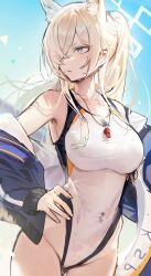 Rule 34 | 1girl, absurdres, animal ear fluff, animal ears, bare shoulders, blonde hair, blue archive, blue eyes, blue halo, breasts, competition swimsuit, covered navel, dog ears, hair over one eye, halo, hand on own hip, high ponytail, highleg, highleg one-piece swimsuit, highres, jacket, kanna (blue archive), kanna (swimsuit) (blue archive), large breasts, long hair, mayutsuba mono, official alternate costume, one-piece swimsuit, open clothes, ponytail, solo, swimsuit, whistle, whistle around neck, white one-piece swimsuit