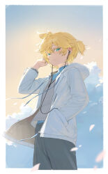 1boy 503404330 alternate_costume blonde_hair blue_shirt border casual cloud cloudy_sky colored_eyelashes earbuds earphones expressionless green_eyes grey_pants grey_sweater_vest hair_between_eyes hand_in_pocket highres hood hoodie kagamine_len long_sleeves looking_at_viewer male_focus pants petals ponytail shirt short_hair short_ponytail sidelocks sky solo sweater_vest turtleneck turtleneck_shirt vocaloid white_border white_hoodie wind