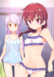 Rule 34 | 2girls, absurdres, animal print, bad id, bad pixiv id, bare shoulders, blush, braid, breasts, brown hair, closed mouth, collarbone, commentary request, cowboy shot, gluteal fold, groin, hair between eyes, hair over shoulder, hair ribbon, highres, holding, indoors, kerun, locker, locker room, long hair, looking at viewer, multiple girls, navel, pink hair, rabbit print, ribbon, sasorida sachiko, shakunetsu no takkyuu musume, single braid, small breasts, smile, standing, stomach, underwear, underwear only, undressing, yellow eyes, yuragi yura