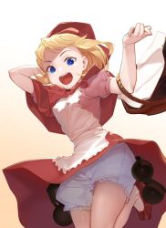 Rule 34 | 1girl, akisa yositake, apron, bare legs, basket, blonde hair, bloomers, blue eyes, bomb, brown footwear, b.b. hood, capelet, carrying, explosive, from above, grenade, highres, looking at viewer, no socks, open mouth, red capelet, red hood, solo, underwear, darkstalkers, white background