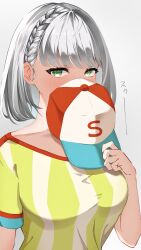 1girl absurdres ai_(u_e_o_o) alternate_costume blush cosplay green_eyes grey_hair hat highres holding holding_unworn_clothes holding_unworn_hat hololive looking_at_viewer oozora_subaru oozora_subaru_(1st_costume) oozora_subaru_(cosplay) red_hat shirogane_noel shirt solo striped_clothes striped_shirt unworn_hat unworn_headwear virtual_youtuber yellow_shirt