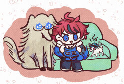Rule 34 | ahoge, animal ears, animal on lap, aotsuki eito, black hair, blue eyes, blue fur, border, cat, cat ears, cat on lap, cat tail, chibi, dog, dog ears, dog tail, full body, glasses, grey fur, maruko gaku, messy hair, multicolored eyes, multicolored hair, omokage yugamu, open mouth, pink background, red eyes, red hair, sitting, sumino takumi, tail, the hundred line -last defense academy-, white border