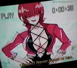 1girl breasts camera cleavage_cutout clothing_cutout curvy dress female_focus fishnets hand_on_own_hip hands_on_own_hips handsomezack13 huge_breasts jacket large_breasts long_hair no_bra open_mouth pale_skin recording red_hair shermie_(kof) smile standing subtitled the_king_of_fighters wide_hips