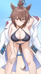 1girl adapted_costume agnes_tachyon_(lunatic_lab)_(umamusume) agnes_tachyon_(umamusume) ahoge animal_ears bandolier beach belt bikini black_bikini blue_sky blush breasts brown_hair coat coat_on_shoulders commentary_request criss-cross_halter ear_ornament earrings feet_out_of_frame hair_between_eyes halterneck hand_on_own_hip hand_on_own_knee highres horse_ears horse_girl horse_tail jewelry lab_coat large_breasts leaning_forward miya_nns35 outdoors red_eyes sand short_hair single_earring sky smile solo standing sweat swimsuit tail test_tube umamusume very_long_sleeves water