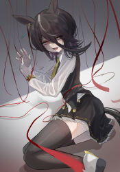 1girl absurdres alternate_hair_length alternate_hairstyle animal_ears bags_under_eyes black_eyeliner black_skirt black_thighhighs black_vest bound bound_wrists buckwheat638478 collared_shirt earrings english_text engrish_text eyeliner hair_between_eyes highres horse_ears horse_girl horse_tail jewelry long_bangs long_hair_between_eyes long_sleeves makeup manhattan_cafe_(umamusume) medium_hair necktie open_mouth ranguage ring shirt single_earring sitting skirt smile solo tail thighhighs umamusume variant_set vest white_footwear white_shirt wolf_cut yellow_eyes yellow_necktie