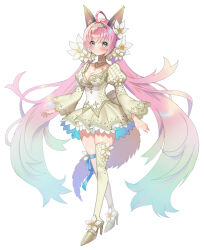 Rule 34 | 1girl, ahoge, animal ears, beaded hair ornament, blue ribbon, blush, breasts, cleavage, dress, flower, full body, gradient hair, hair flower, hair ornament, high heels, highres, leg ribbon, long neck, long sleeves, looking at viewer, medium breasts, multicolored hair, original, pink hair, poshii (posy), ribbon, single thighhigh, smile, solo, standing, thigh ribbon, thighhighs, white background, white dress
