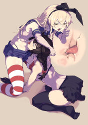 Rule 34 | 2girls, absurdres, animal ears, blonde hair, blue eyes, blush, bra, brown hair, euni0105, fake animal ears, gloves, highres, kantai collection, licking, licking navel, multiple girls, navel, navel insertion, navel stimulation, school uniform, shigure (kancolle), shimakaze (kancolle), skirt, thighhighs, tongue, tongue out, underwear, yellow eyes, yuri
