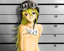 10s 1girl bad_anatomy bad_hands bakemonogatari blonde_hair completely_nude female_focus flat_chest goggles goggles_on_head hat height_chart holding holding_sign long_hair monogatari_(series) mugshot nisemonogatari nude oshino_shinobu red_eyes sign smile solo