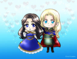Rule 34 | 1boy, 1girl, aegnor, andreth, arm up, artist name, black boots, blonde hair, blue dress, blue eyes, blush, boots, cape, chibi, cinemairon, closed mouth, dress, elf, eyelashes, frilled dress, frilled sleeves, frills, full body, heart, looking at viewer, open mouth, parted bangs, pointy ears, the silmarillion, tolkien&#039;s legendarium, tunic