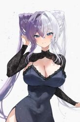 Rule 34 | 1girl, absurdres, alternate costume, azur lane, black dress, blue eyes, blush, breasts, cleavage, collarbone, commentary request, cone hair bun, covered navel, double bun, dress, earrings, floral print, floral print dress, glint, gurami (zangizarang), hair between eyes, hair bun, hair intakes, hand in own hair, hand up, highres, jewelry, korean commentary, large breasts, light particles, long hair, long sleeves, looking at viewer, multicolored hair, open mouth, print dress, purple hair, side slit, simple background, smile, solo, split-color hair, standing, twintails, two-tone hair, very long hair, white background, white hair, ying swei (azur lane)