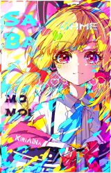 1girl :3 absurdres animal_ear_headphones animal_ears artist_name blonde_hair blue_archive blue_necktie blush border bow buttons cat_ear_headphones cat_ears center_frills character_name chinese_commentary closed_mouth collared_shirt colorful commentary dress_shirt fake_animal_ears floating_hair frills hair_bow headphones heart heart_in_eye highres jacket kiriaina looking_at_viewer low-tied_sidelocks medium_hair momoi_(blue_archive) multicolored_jacket necktie off_shoulder parted_bangs pink_eyes pink_jacket red_bow school_uniform shirt sidelocks smile solo straight-on suspenders symbol_in_eye torn_clothes torn_necktie upper_body white_jacket white_shirt