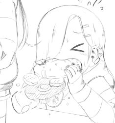 &gt;_&lt; 1girl burger ear_piercing eating flying_sweatdrops food greyscale hair_ornament hair_over_one_eye hairclip holding holding_burger holding_food hood hood_down hoodie long_hair mad_mex monochrome original piercing sketch solo striped_sleeves sweat table
