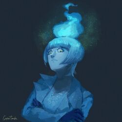 1girl animification black_gloves blue_fire blue_hair blue_lips closed_mouth disneyland fiery_hair fire formal_clothes gloves hime_cut lipstick long_sleeves looking_at_viewer makeup ms._hades short_hair simple_background skeleton813 solo suit