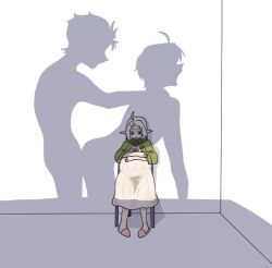 Rule 34 | 1girl, 2boys, ahoge, artist name, black eyes, cardigan, chair, cheating (relationship), commentary, crossover, dr.kimochi, dress, earrings, elf, english commentary, green cardigan, hand on another&#039;s neck, indoors, jewelry, kobayashi yuusuke, loungewear, multiple boys, mushoku tensei, natsuki subaru, netorare, ominous shadow, on chair, open cardigan, open clothes, open mouth, parted bangs, pigeon-toed, pointy ears, pregnant, re:zero kara hajimeru isekai seikatsu, reverse netorare, rudeus greyrat, sex, sex from behind, sexually suggestive, shadow, short hair, silhouette, simple background, sitting, slippers, sylphiette (mushoku tensei), uchiyama yumi, very short hair, voice actor connection, watermark, white background, white dress, white hair, yaoi
