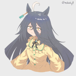 1girl absurdres ahoge anger_vein black_hair black_ribbon closed_mouth ear_tag earrings frilled_shirt frills highres jewelry long_hair manhattan_cafe_(umamusume) mibukyt multicolored_hair neck_ribbon ribbon scowl shirt simple_background single_earring solo twitter_username umamusume very_long_hair white_background white_hair yellow_ribbon yellow_shirt