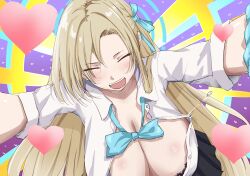 1girl :d absurdres aoki_hiro aqua_bow aqua_bowtie aqua_scrunchie asuna_(blue_archive) black_bra black_skirt blonde_hair blue_archive blue_halo blue_ribbon blush bow bowtie bra bra_peek breasts bursting_breasts cleavage closed_eyes collarbone collared_shirt commentary_request dot_nose dutch_angle fang floating_hair floral_print flying_button hair_ribbon halo happy heart highres huge_breasts lace lace-trimmed_bra lace_trim long_hair loose_bowtie motion_lines open_mouth outstretched_arms pleated_skirt popped_button ribbon school_uniform scrunchie shirt skirt sleeves_rolled_up smile solo teeth unbuttoned underwear upper_teeth_only very_long_hair wardrobe_malfunction white_shirt wrist_scrunchie