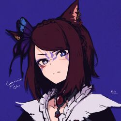 1girl absurdres animal_ears blue_background blue_eyes bright_pupils brooch brown_hair cat_ears cat_girl commentary commission commissioner_name dated ear_ornament english_commentary facial_mark highres jewelry looking_at_viewer medium_hair original portrait rnna signature simple_background solo